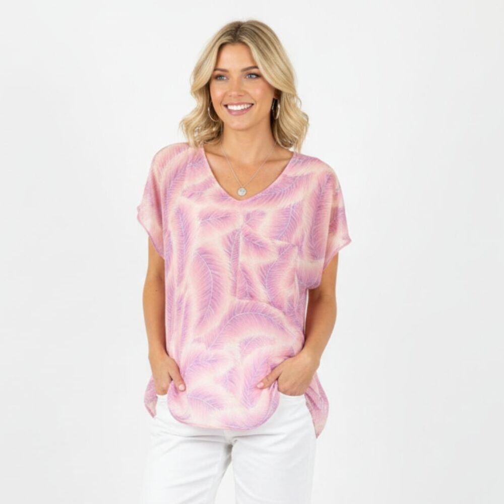 Show Me Your Mumu Pink Feather Sheer Tee Top S